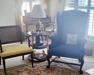 Cane back chair, wing chair and side table