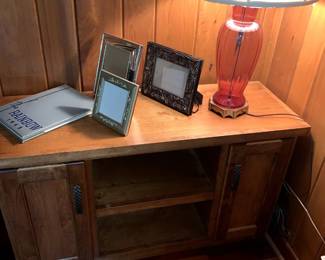 Vintage Cranberry Glass Lamp, LOTS of Photo Frames, Media Cabinet