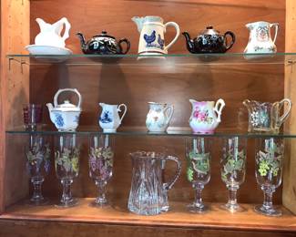Various Vintage and Contemporary Small and Large Pitchers, and set of 8 Painted Glasses (2 not shown)