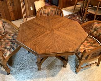 VIntage Game Table Octagonal with 4 Matching Rolling Chairs with Woven Cane Sides