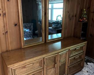 Vtg Thomasville Dresser with Doors and Clothing Drawers in Kashew, Double Mirrors