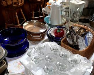 Glassware, Cobalt Blue Dishes, Small Appliances, Pots and Pans