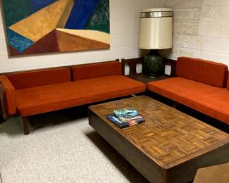 MCM L-Shaped Couch with Built-In Side Table and Floating Parquet Coffee Table