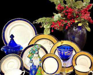 Cobalt & Gilt Baccarat Crystal Water Goblets 75 pieces Royal Worcester "Regency" Bone China Royal Worcester "Caesar" Bread & Butters, Salads, and Cups & Saucers