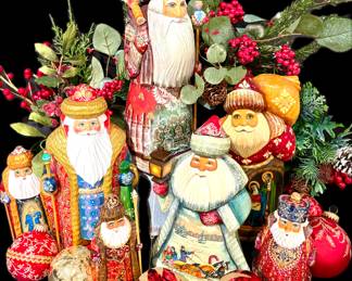 a Collection of Hand-painted Russian Santas