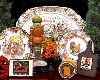 Johnson Bros. Turkey Platter, Mason's Ironstone & Turkey Plates Chenille Work Pieces Hooked Decorative Pumpkin Scenes