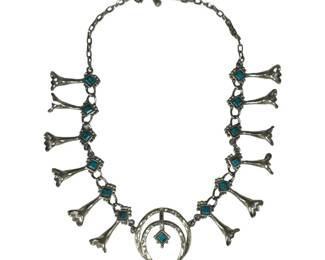 Silver Toned Imitation Turquoise Mini Squash Blossom Necklace