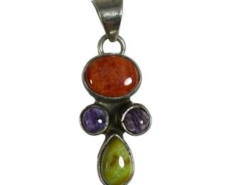 Sterling Silver Red and Purple Spiny Oyster and Green Turquoise Pendant