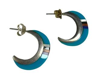 Sterling Silver Turquoise Multi Gemstone Inlay Hoop Earrings