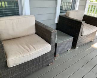 Patio Chairs, all weather wicker. 2 Chairs, side table 