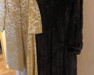 Vintage Brocade Coat.  Full Length Black Ranch Mink Coat