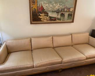 Mid Century SILK Champagne 7 Ft Sofa, Mid Century Original Oil On Canvas Painting, Signed