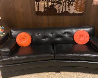 Retro 1970's Black Leather Modular Sofa, Orange Pillows