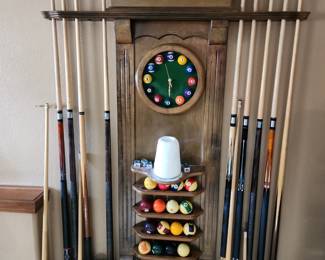 Pool stick sets, 40.00 each for 4 cues, racks sold as a pair, balls sold as a set, the pool rack shelving is seperate.