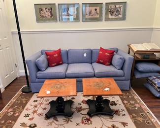 Blue sofa and pair of Hitchcock coffee tables