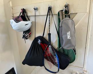 Giro ski helmet; Bolle ski helmet; Ektelon racquet ball racquets; petzl climbing harness; Tretorn badminton paddles