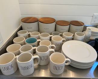 Rae Dunn mugs; Hearth and Hand canisters