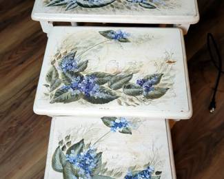 Hand Painted Stacking Tables,14.5" X 12" X 10" To 16.5" 20" X 13.5" And Stenciled Coffee Table, 16" X 42" X 22"