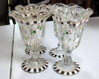 Federal Iridescent Serving Bowl, 8.5", Painted Glass Cake Stand, Painted Glass Sundae Glasses, NFL Glass Lidded Stein, And More, Total Qty 9