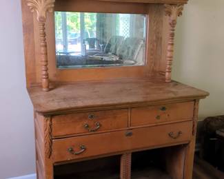 Antique Oak Sideboard/Buffet With Shelf And Beveled Mirror, 71" X 46" X 23"