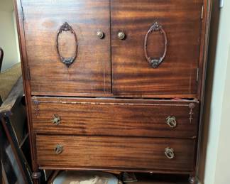 Antique Linen Press Cabinet, Two Doors Open To 3 Pull Out Drawers, 50" X 38" X 23"