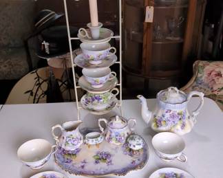 L Waggner Hand Painted Teapot, Creamer, Sugar, Cups, Saucers, And More, Includes Tea Cup Stand With Various Porcelain Cups and Saucers, Qty 18