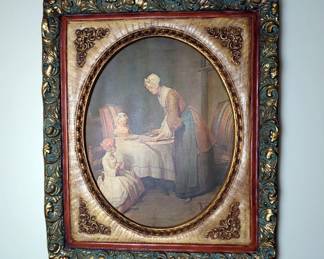 Colonial Woman And Children In Kitchen, Framed Print, 22.5" X 26" 