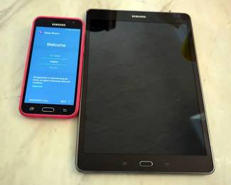 Samsung Galaxy Tab A Tablet, 6.5" X 9.5", 6000 MaH, SM-T550 And Samsung Galaxy J36 Smartphone, 8.0 GB, SM-J320VPP, Both Power On