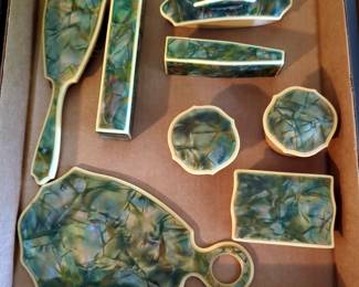 Vintage Celluloid Vanity Set Including Mirror, Trinket Boxes, Brush, Nail File And More