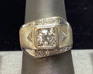 14KT GOLD DIAMOND RING, SIZE 8.5, 8.2 GRAMS, .5ct est. CENTER DIAMOND w SMALL ROUNDS,