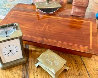 Desk top Letter Box in fine wood / Brass Stamp Box / Brass Blotter / small Brass Clock /small leather pen/oencil holder