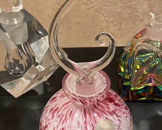 Pink & white murano style art glass perfume bottle with flame-like stopper