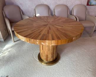 Ron Seff Bamboo Sunburst Marquetry Center Table with brass base