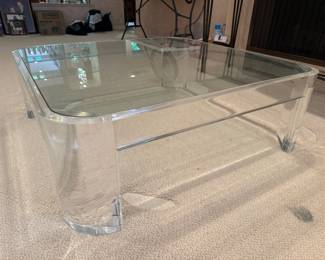 Rare 1970s Lucite & Glass top Coffee Table by Les Prismatiques; 42"w x 42"d x 16"h