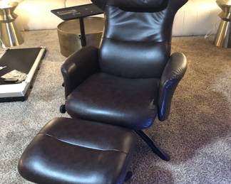 PAIR OF BROWN CHAIR AND OTTOMAN