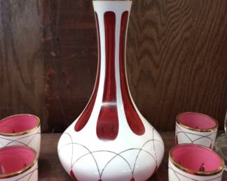 CRANBERRY AND WHITE BOHEMIAN DECANTER