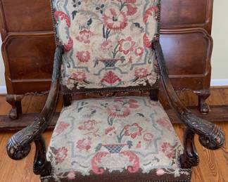 King's Chair, carved wood, needlepoint seat and back
