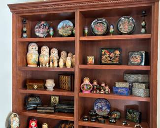 Black lacquer Russian boxes, nesting dolls, eggs