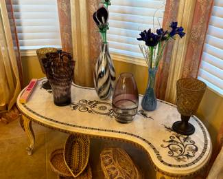 Mid century marble table, vases, art glass