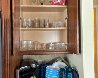 Keurig coffee maker with pod holder, dishes, coffee urn, glasses