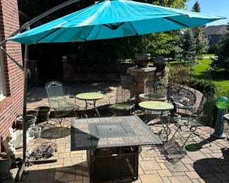 Patio umbrella, gas fire pit