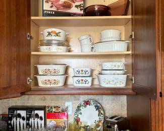 Mid century glasses, toaster, new silverware sets, pyrex, corningware