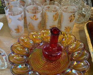 Mid century glasses, devil egg tray, vase