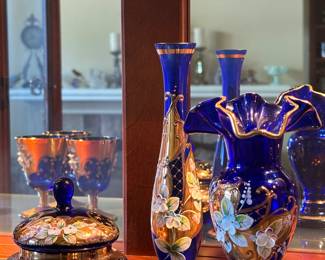 Cobalt blue Bohemia Czech gold accent crystal vases, trinket container