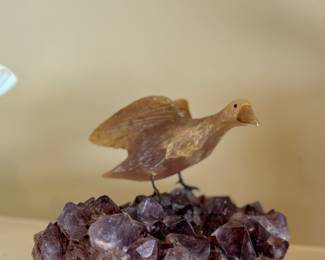 Amethyst crystal cluster geode with hand carved bird