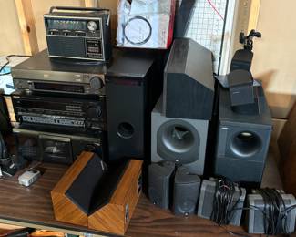 Bose speaker system, large capacity cd player, Kenwood receiver, speakers