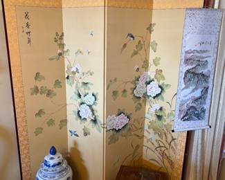 Asian screen, vase, wall hanging, chest