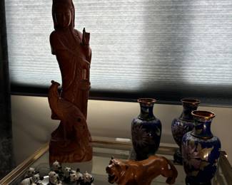 Cloisonne vases, hand carved statues
