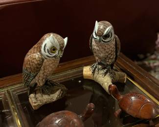 Owls, hand carved turtles