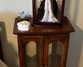 Display cabinet, vintage doll with display case, trinket boxes